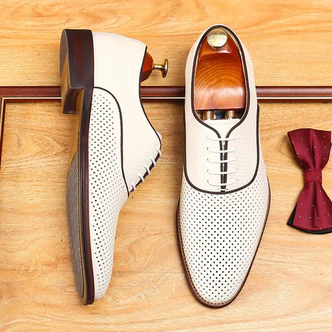 Men Business Casual Cowhide Leather Shoes Hollow Out Breathable British Oxford Style Lace Up Soft Sole Dress Shoes