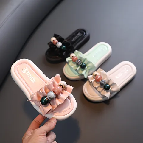 Girls Summer Fashion Slides Ruffle Beaded Non-slip Thick Sole Outdoor Beach Sandals For Kids Princess Microfiber Leather Sandals