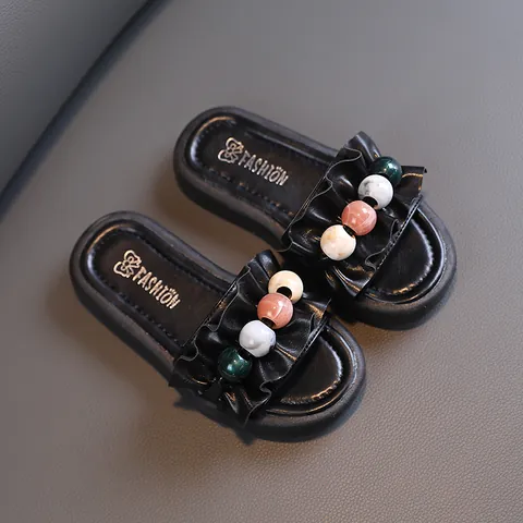 Girls Summer Fashion Slides Ruffle Beaded Non-slip Thick Sole Outdoor Beach Sandals For Kids Princess Microfiber Leather Sandals