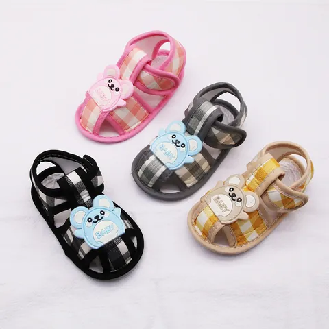 Sandali da Neonato a Quadretti con Suola Morbida Cartone Animato Orso Scarpe Primi Passi Tessuto Gingham Traspirante Chiusura a Strappo Estate