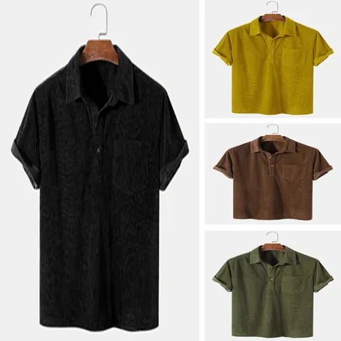 Polo da Uomo Casual in Velluto a Coste a Maniche Corte Con Colletto a Punta Vestibilità Comoda Top in Poliestere Con Tasca