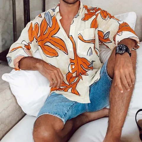 Herren Lässiges Hemd Mit Tropischem Aufdruck Langarm Strand Hawaiihemd Ahornblatt Zitrone Muster Top