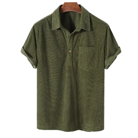 Polo da Uomo Casual in Velluto a Coste a Maniche Corte Con Colletto a Punta Vestibilità Comoda Top in Poliestere Con Tasca