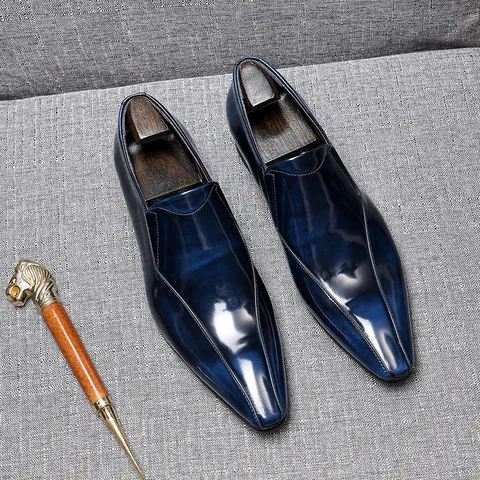 Men's Luxury Cowhide Leather Loafers Glossy Patina Business Dress Shoes Breathable Pointed Toe Slip-On Casual Formal Footwear