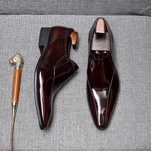 Men's Luxury Cowhide Leather Loafers Glossy Patina Business Dress Shoes Breathable Pointed Toe Slip-On Casual Formal Footwear