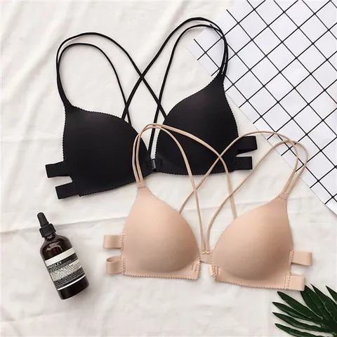 Damen Drahtloser Push-Up-BH Vorderverschluss Nahtloses Dünnes Bralette Überkreuzte Träger Komfortable Lingerie Top