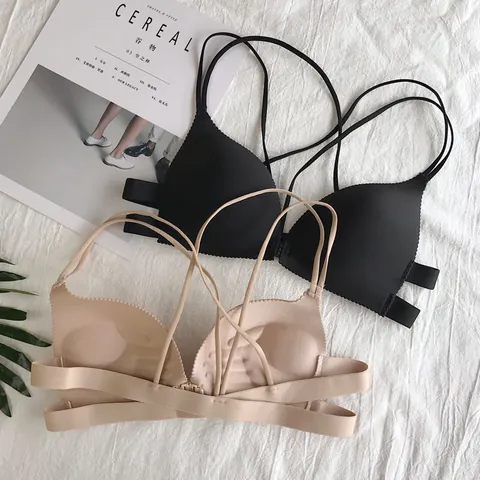 Damen Drahtloser Push-Up-BH Vorderverschluss Nahtloses Dünnes Bralette Überkreuzte Träger Komfortable Lingerie Top