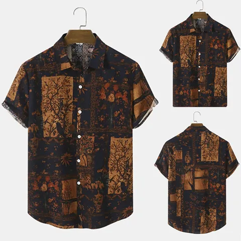 Men Vintage Floral Short Sleeve Shirt Chinese Style Ethnic Print Cotton Button Up Casual Summer Beach Top Brown