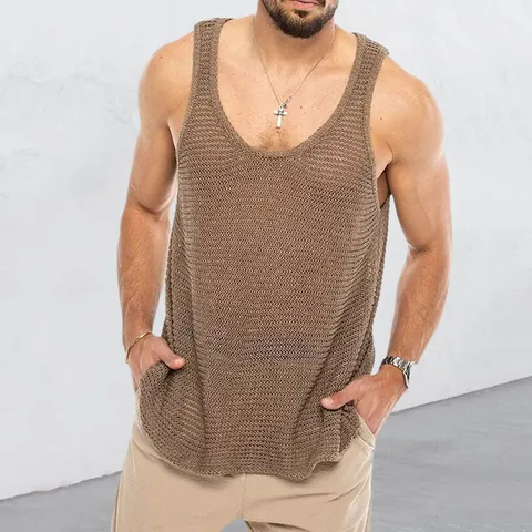 Men Western Style Sleeveless Knit Tank Top Summer Loose Hollow Out Mesh Muscle Vest Breathable Solid Color Top Men Clothing