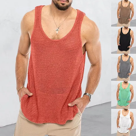 Men Western Style Sleeveless Knit Tank Top Summer Loose Hollow Out Mesh Muscle Vest Breathable Solid Color Top Men Clothing