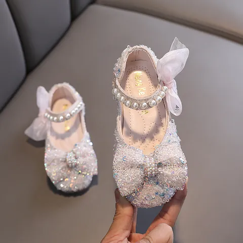 Girls Princess Dress Shoes Sequined Mary Jane Flats With Artificial Pearl Ribbon Bow For Wedding Party Dance Performance