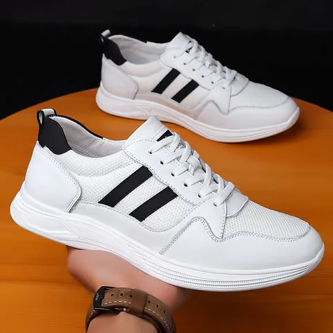 Men Casual Invisible Height Increasing Sneakers Cowhide Leather Mesh Breathable Elevated White Shoes For Everyday Wear Youth