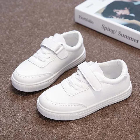 Kids White Sneakers Synthetic Leather Breathable Non-Slip School Performance Shoes Casual Board Shoes For Boys Girls Hook And Loop