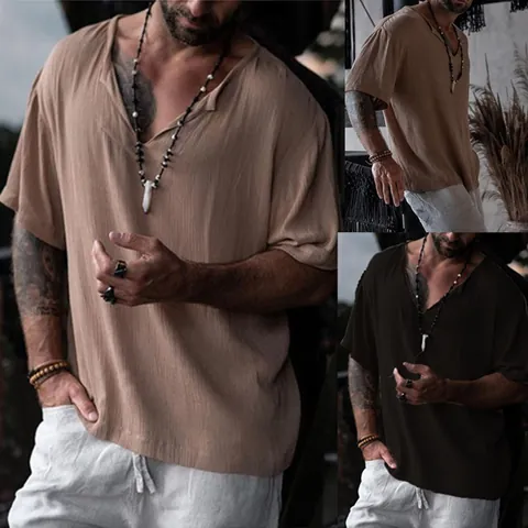 Maglietta da Uomo in Cotone con Scollo a V Casual Vestibilità Comoda Tinta Unita Manica a Metà Retro Estate Top per Quotidiano Vacanza Streetwear