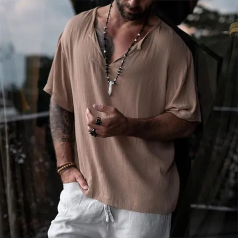 Maglietta da Uomo in Cotone con Scollo a V Casual Vestibilità Comoda Tinta Unita Manica a Metà Retro Estate Top per Quotidiano Vacanza Streetwear