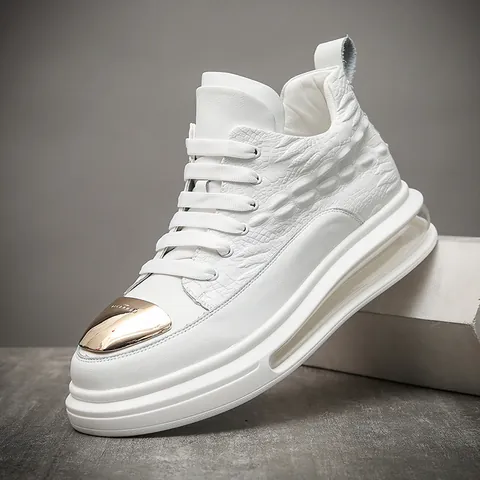 Men's High-top Cowhide Leather Casual Shoes Air Cushion Thick Sole Crocodile Pattern Embossed Sneakers With Metal Toe Winter Plush Lined Fashion Sports Shoes
