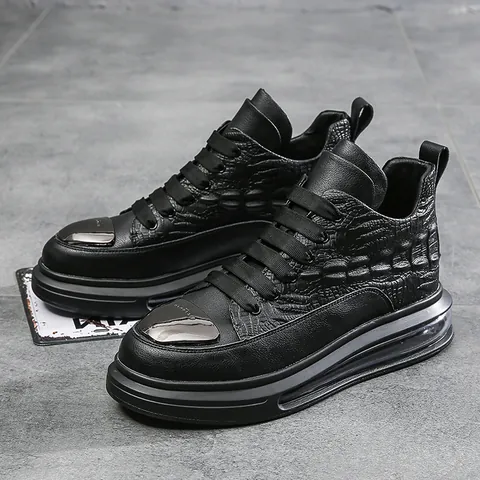 Men's High-top Cowhide Leather Casual Shoes Air Cushion Thick Sole Crocodile Pattern Embossed Sneakers With Metal Toe Winter Plush Lined Fashion Sports Shoes