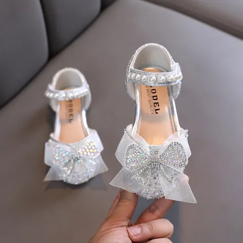 Girls Princess Shoes Rhinestone Bowknot Artificial Pearl Elegant Dress Shoes Sparkly Mesh Sandals For Party Wedding Ceremony
