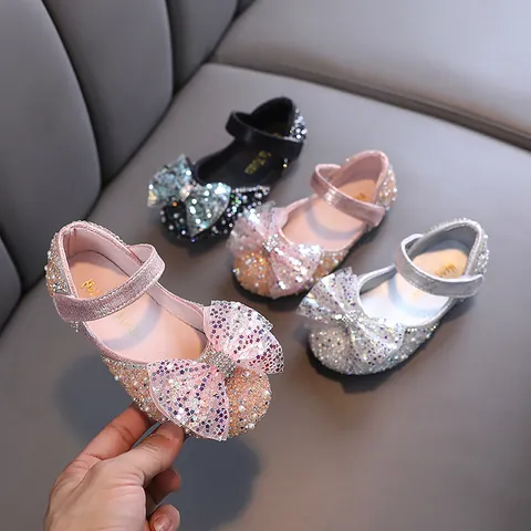 Girls Princess Dress Shoes Sequin Bow Rhinestone Mary Jane Wedding Party Dance Flats Artificial Leather Toddler Kids Shoes