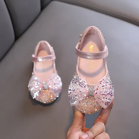 Girls Princess Dress Shoes Sequin Bow Rhinestone Mary Jane Wedding Party Dance Flats Artificial Leather Toddler Kids Shoes
