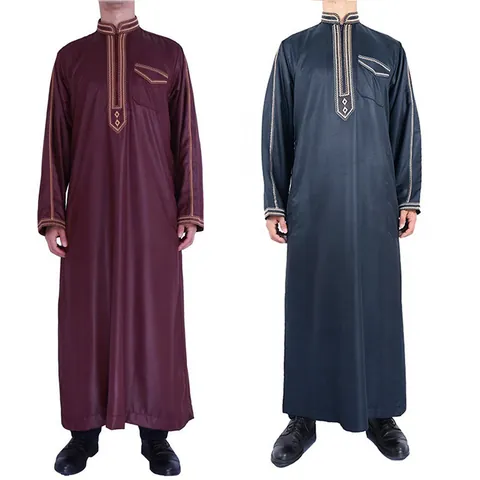 Men Traditional Kaftan Robe Stand Collar Long Sleeve Loose Ethnic Thobe With Geometric Pattern Embroidery Long Robe For Men