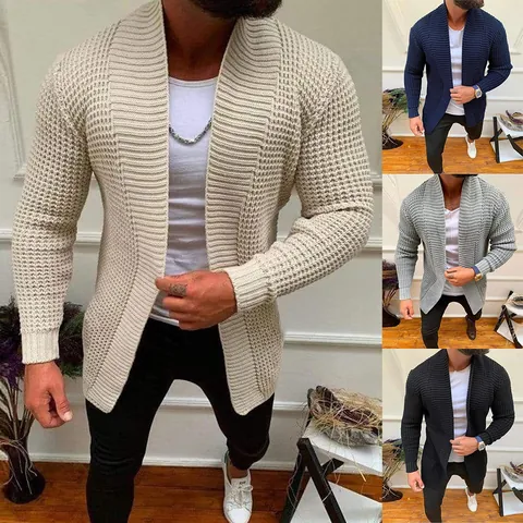 Men's Casual Shawl Collar Knit Cardigan Acrylic Waffle Textured Long Sleeve Open Front Sweater Top for Autumn Winter