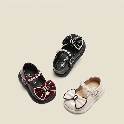 Toddler Girls Mary Jane Princess Shoes Bow Pearl Rhinestone Microfiber Leather Anti-slip Soft Sole Baby Walking Shoes For Wedding Party