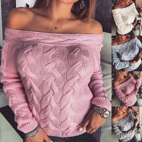 Women Off Shoulder Cable Knit Sweater Sexy Solid Color Long Sleeve Pullover Autumn Winter Casual Knitwear Top