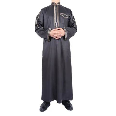 Men Traditional Kaftan Robe Stand Collar Long Sleeve Loose Ethnic Thobe With Geometric Pattern Embroidery Long Robe For Men