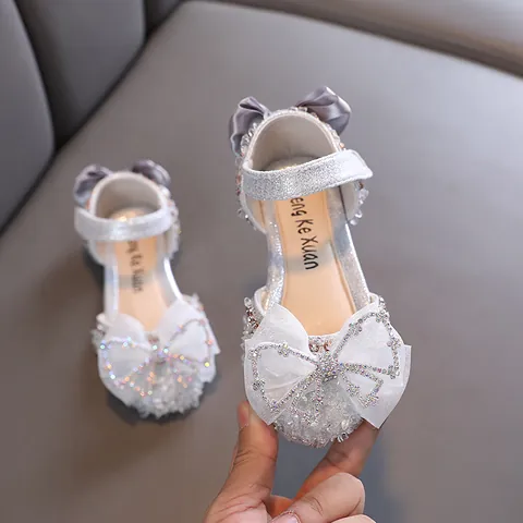 Scarpe da Principessa per Bambina Con Fiocco di Strass e Paillettes Sandali Bassi Traspiranti Antiscivolo per Scuola e Festa
