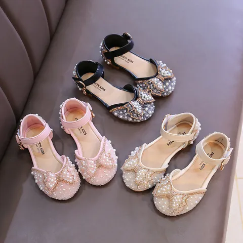 Girls Pearl Bow Princess Sandals Summer Kids Fairy Style Crystal Rhinestone Sandals Artificial Leather Upper Rubber Sole