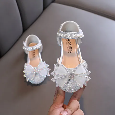 Girl Rhinestone Bow Princess Shoes Sparkly Artificial Pearl Buckle Flat Kids Party Wedding Shoes Pink Black Silver