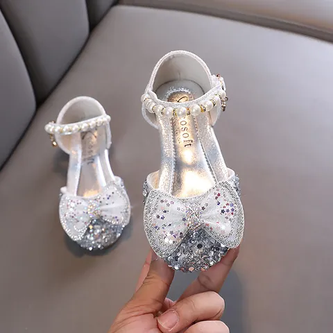 Girls Princess Shoes Sparkling Faux Leather Bowknot Rhinestone Flat Dress Shoes With Artificial Pearl Strap For Party Wedding