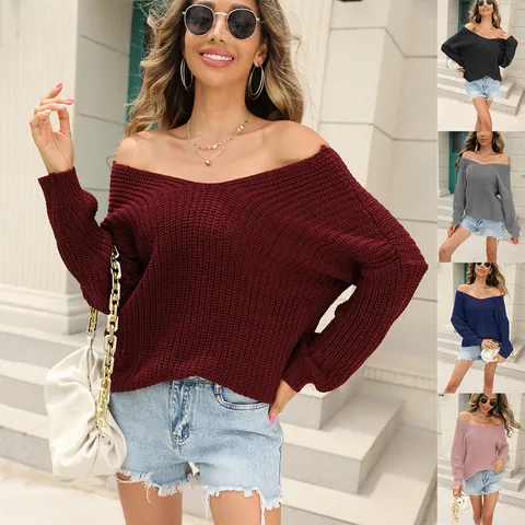 Women's V-Neck Long Sleeve Knit Sweater Elegant Solid Color Acrylic Pullover Backless Commute Style Fashion Top For Women
