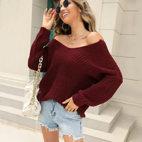 Women's V-Neck Long Sleeve Knit Sweater Elegant Solid Color Acrylic Pullover Backless Commute Style Fashion Top For Women