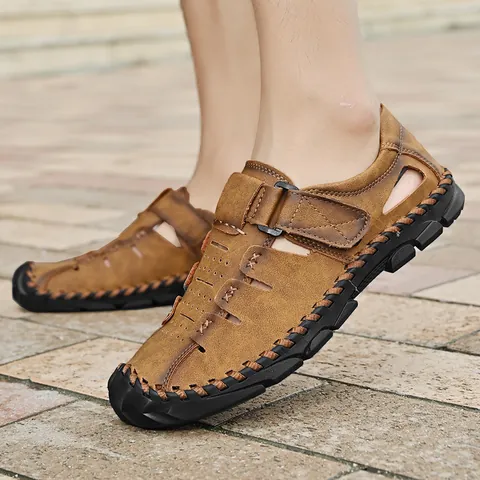 Herren Casual Mikrofaser Leder Sandalen Atmungsaktiv Hohlraumgeschlossen Zehen Strandschuhe Outdoor Handgenähtes Schuhwerk Große Größen