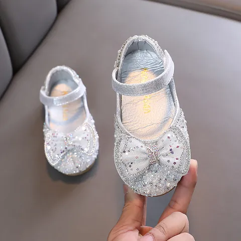Scarpe da Principessa con Fiocco per Bambina Stile Coreano con Paillettes e Strass Scarpe Basse per Matrimonio Festa Spettacolo di Danza Chiusura a Strappo