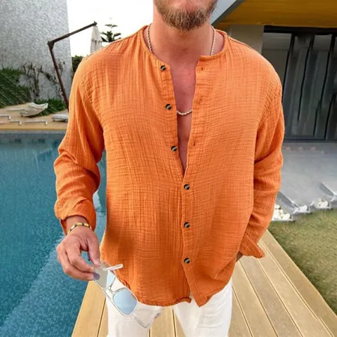 Camicia da Uomo Casual a Maniche Lunghe con Collo alla Coreana in Misto Cotone Texture Increspata Tinta Unita per Vacanza