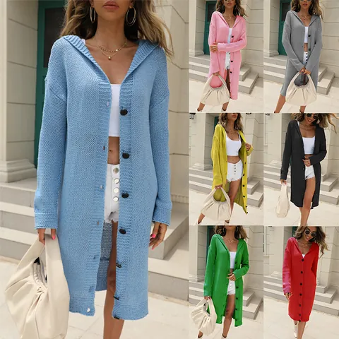 Women Long Hooded Knit Cardigan Autumn Winter Solid Color Loose Button Down Extra Long Knit Cardigan Sweater Top Jacket Outerwear