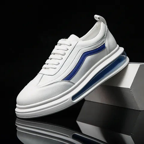 Men's Casual White Action Leather Sneakers With Air Cushion Sole Breathable Korean Style Platform Board Shoes Daily Wear