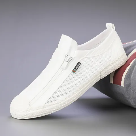 Herren Casual Mesh Sneakers Hohl Atmungsaktiv Reißverschluss Board Schuhe Mode Low Top Vulkanisierte Gummisohle Leichte Weiße Schuhe