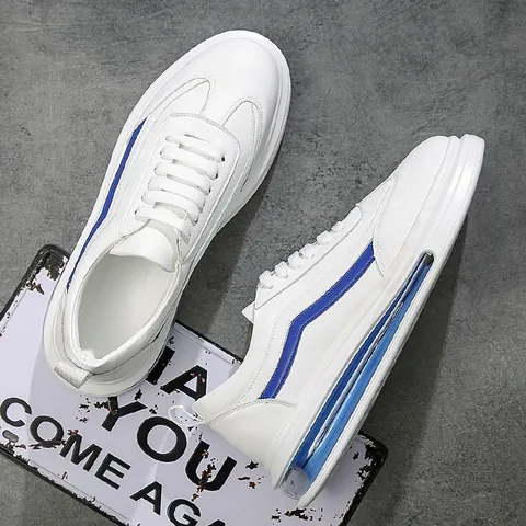 Men's Casual White Action Leather Sneakers With Air Cushion Sole Breathable Korean Style Platform Board Shoes Daily Wear