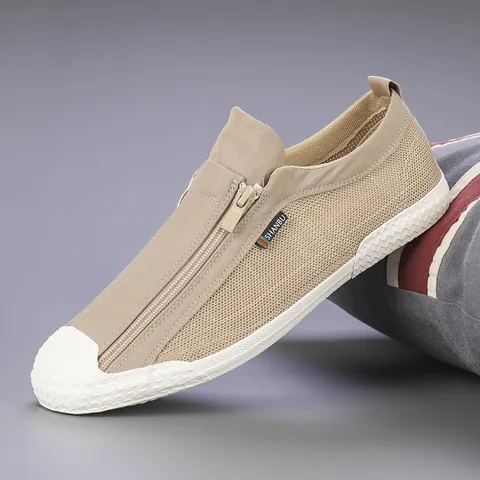 Herren Casual Mesh Sneakers Hohl Atmungsaktiv Reißverschluss Board Schuhe Mode Low Top Vulkanisierte Gummisohle Leichte Weiße Schuhe