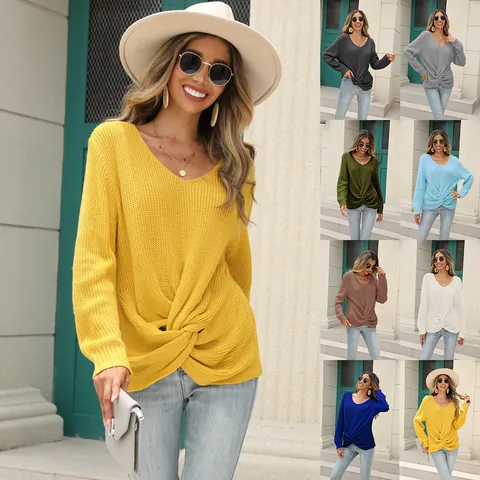 Women's V-Neck Knit Sweater Twist Knot Hem Pullover Long Sleeve Ribbed Solid Color Casual Commuter Office Jumper Top