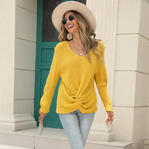 Women's V-Neck Knit Sweater Twist Knot Hem Pullover Long Sleeve Ribbed Solid Color Casual Commuter Office Jumper Top