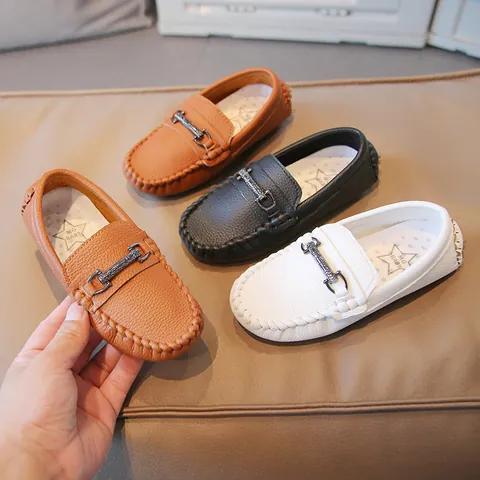 Kids Boys British Style Leather Loafers Retro Student School Shoes Breathable Non-slip Flat Moccasins Black White Brown