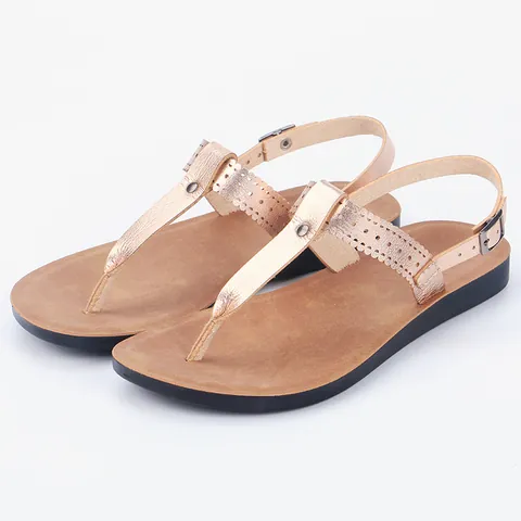 Women T-Strap Flat Sandals PU Leather Laser Cut Hollow Out Summer Casual Beach Shoes With Metal Buckle Rivets