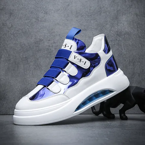 Men Fashion High-Top Color-Blocking Sneakers Velcro Design Breathable Air Cushion Thick Sole Casual Board Shoes Trendy Footwear