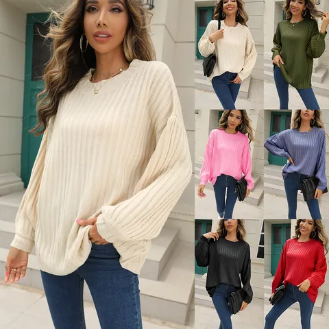 Women's Solid Color Ribbed Knit Sweater Round Neck Long Sleeve Loose Pullover Elegant Commuter Top for Autumn Winter