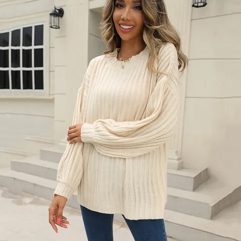Women's Solid Color Ribbed Knit Sweater Round Neck Long Sleeve Loose Pullover Elegant Commuter Top for Autumn Winter